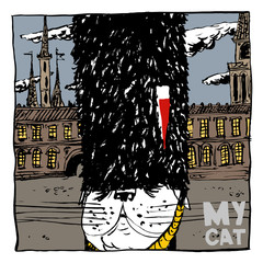 The image of a cat in the cap of the royal guard in London Square. Color illustration, perfect for use in publications, packaging, posters, souvenirs, t-shirt prints.