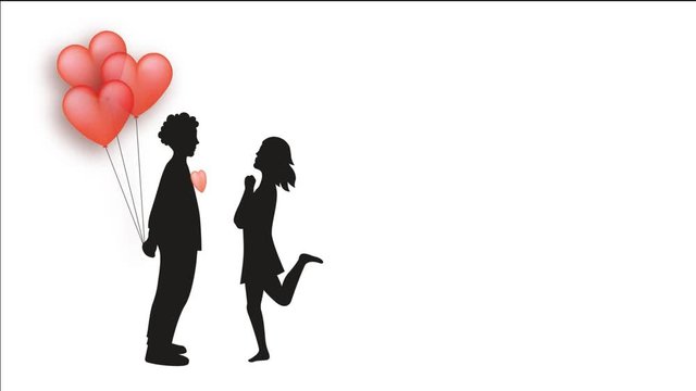 Valentines movie with moving red balloons on white background with copy space
