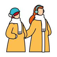 women with winter clothes on white background
