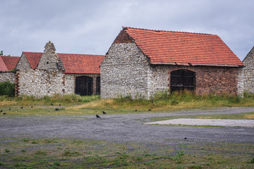 Historic barns moved from the neighborhood to square in small Zarki town in Silesia region, Poland