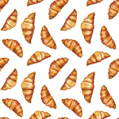 Watercolor hand painted French breakfast croissants illustration seamless pattern, wrapping paper, wallpaper 