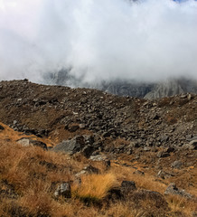 Mountains and White Fog Over the Lakes