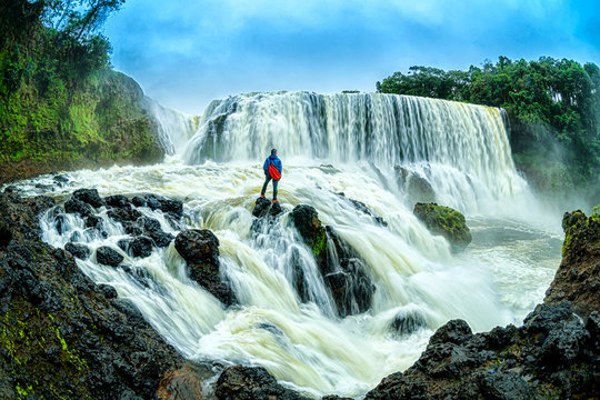 The powerful of Sae Pong Lai waterfall in Southern Laos.