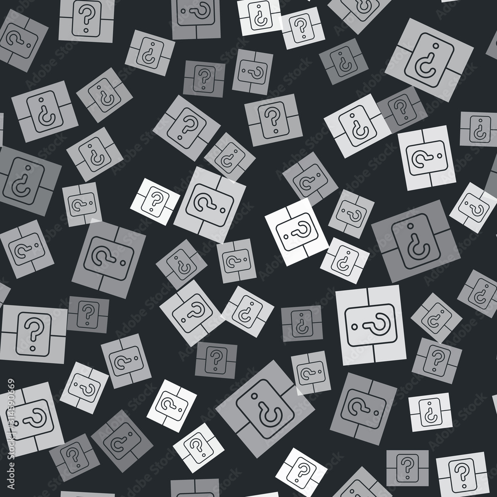 Poster grey mystery box or random loot box for games icon isolated seamless pattern on black background. qu