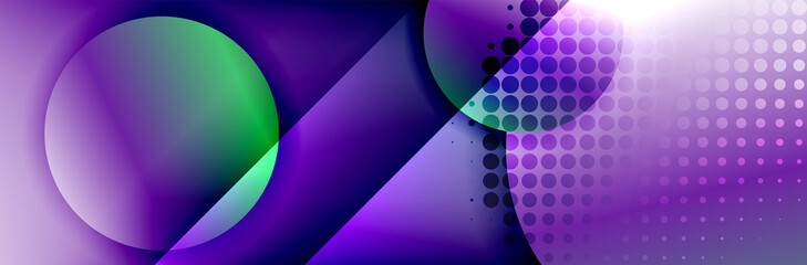 Dynamic trendy geometrical abstract background. Circles, round shapes 3d shadow effects and fluid gradients. Modern overlapping round forms