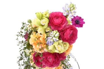 Festive Flowers : Rose la Campanella, Ranunculus, Cymbidium, Hyacinthus, Anemone, Thyme, Eucalyptus, Moss