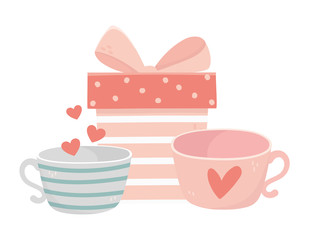 happy valentines day wrapped gift box and coffee cups love