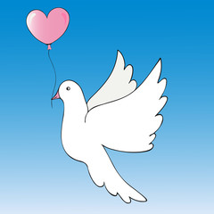 Dove. Bird of peace. A white dove carries a pink heart-shaped balloon. Color vector illustration. Isolated blue background. Idea for greeting card, invitation, web design. Symbol of marriage.