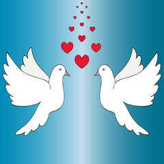 A couple of lovers. Pigeons and hearts. Vector illustration. White feathered on an isolated blue background. Idea for greeting card, valentine, invitation, web design, book design. Cartoon style. 