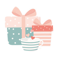 happy valentines day cute gift boxes and coffee cup love hearts