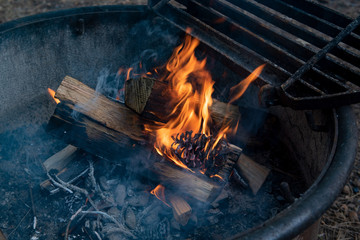 Metal Fire Ring at California State Park with burning fire on log, close-up