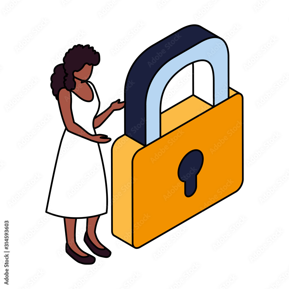 Poster businesswoman with padlock on white background