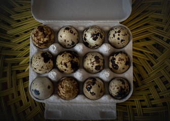 Quail Eggs in cardboard cartoon viewed from above