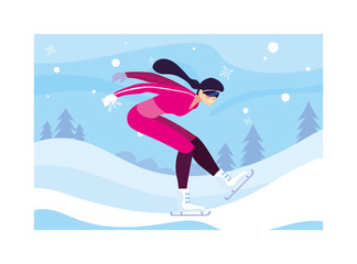 woman ice skating in landscape of winter