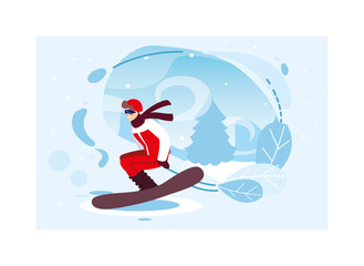 man practicing snowboard in landscape of winter