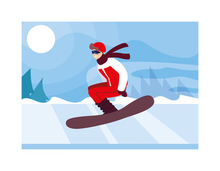 man practicing snowboard in landscape of winter