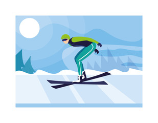 Fototapeta premium man with mountain ski in landscape of winter