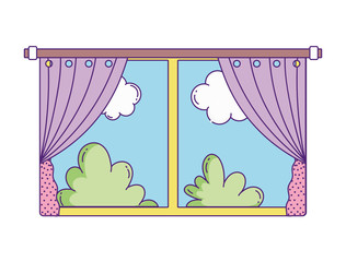 window curtains bushes nature sky clouds on white background