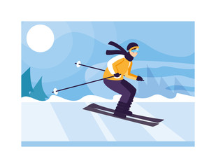 Fototapeta premium man with mountain ski in landscape with snowfall