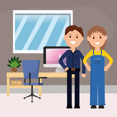 businessman and female worker office desk computer chair potted plant