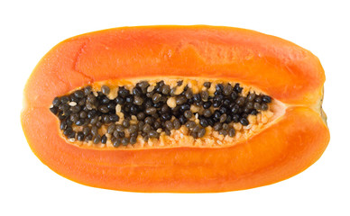 Fresh cut orange papaya with black seeds isolated on white background