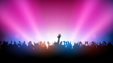 Silhouette of people raise hand up in music concert with red and blue color spotlight on stage background - obrazy, fototapety, plakaty