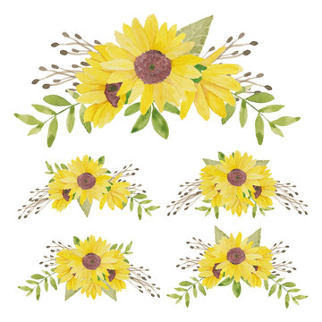 Watercolor hand painted sunflower bouquet collection