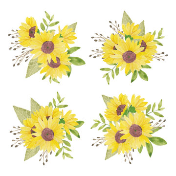 Watercolor hand painted sunflower arrangement set