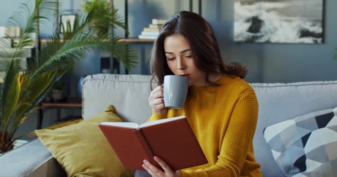 Beautiful and clever young Caucasian reading a textbook and drinking hot tea or coffee while sitting on the sofa in the cozy room at home.