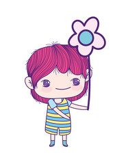 cute little boy cartoon with striped clothes holding flower