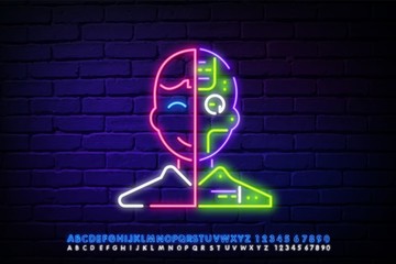 Neon humanoid cyborg front view head half human and half robot avatar neon character vector illustration graphic design. Neon concept about artificial intelligence technology replace human work