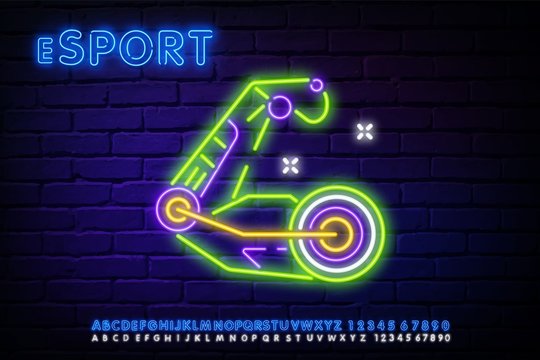 Neon Robot arm. Biomechanics, eSport neon light icon. Studying and copying body movements. Bioengineering. Glowing sign with alphabet, numbers and symbols. Vector isolated illustration