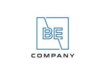 Blue square initial letter BE line logo design vector graphic