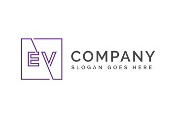 Purple square initial letter EV line logo design vector graphic