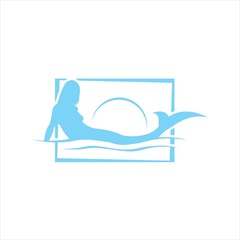 silhouette of sexy mermaid logo with tail on the beach pose background illustration
