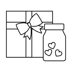 gift box and bottle with hearts isolated icon
