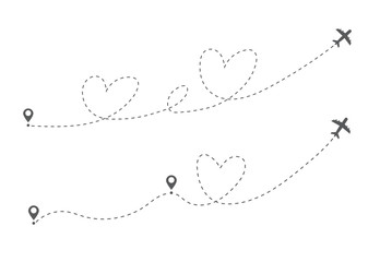 Airplane flight route. Flight tourism route path. Starting pin to destination point. Travel symbol. Vector illustration