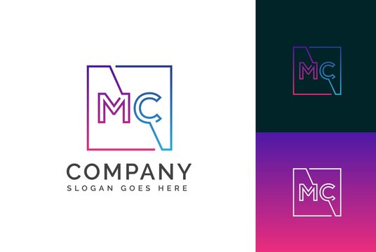Purple blue gradient square initial letter MC line logo design vector graphic