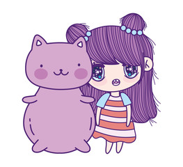 kids, cute little girl anime cartoon and cat