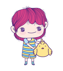 cute little boy anime cartoon holding chicken