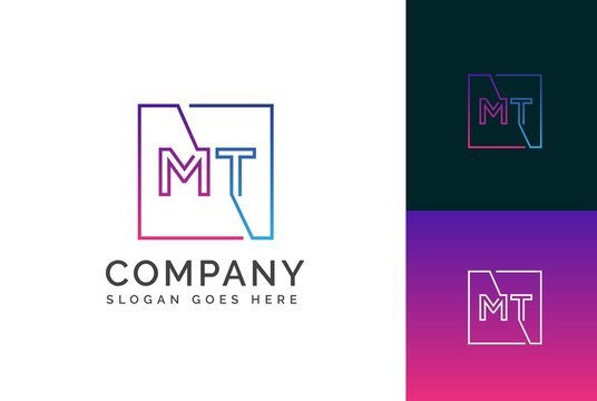 Purple blue gradient square initial letter MT line logo design vector graphic