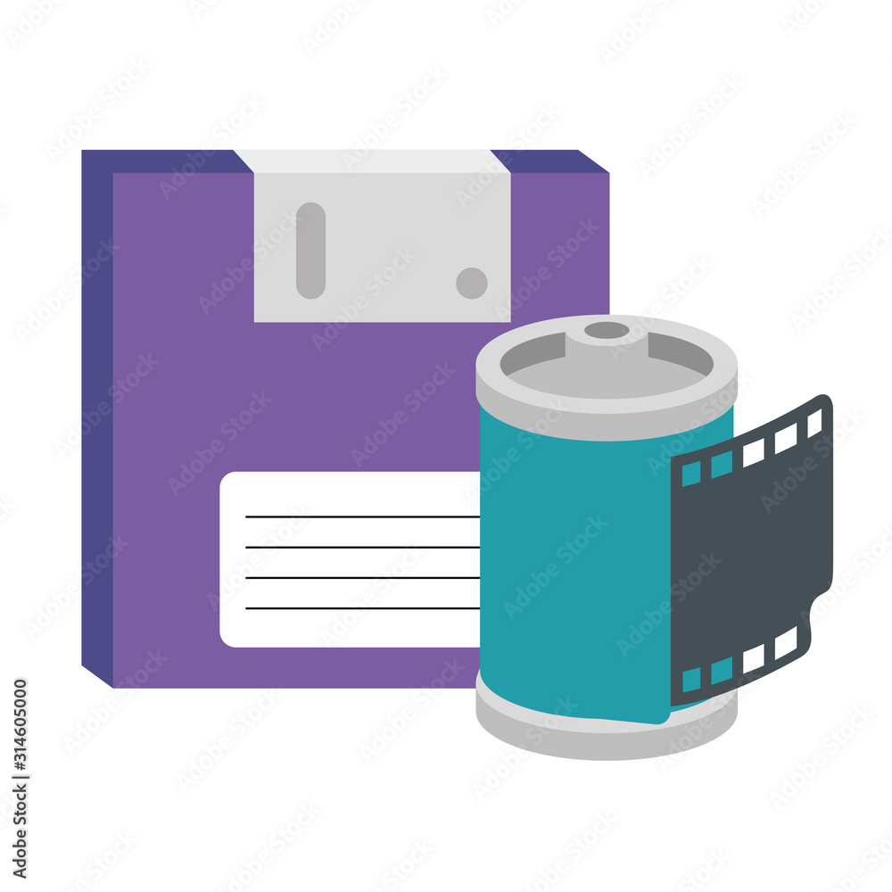 Poster roll camera with floppy of nineties retro isolated icon