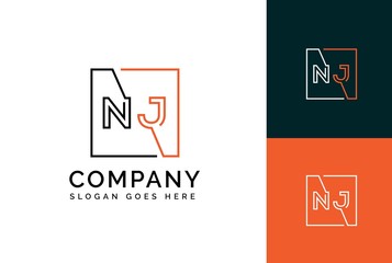 Orange black square initial letter NJ line logo design vector graphic