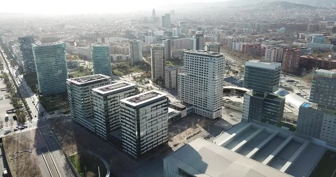 Barcelona, Spain - March 05, 2019: Modern high-rise buildings in the coastal residential areas of Diagonal Mar and Poblenou