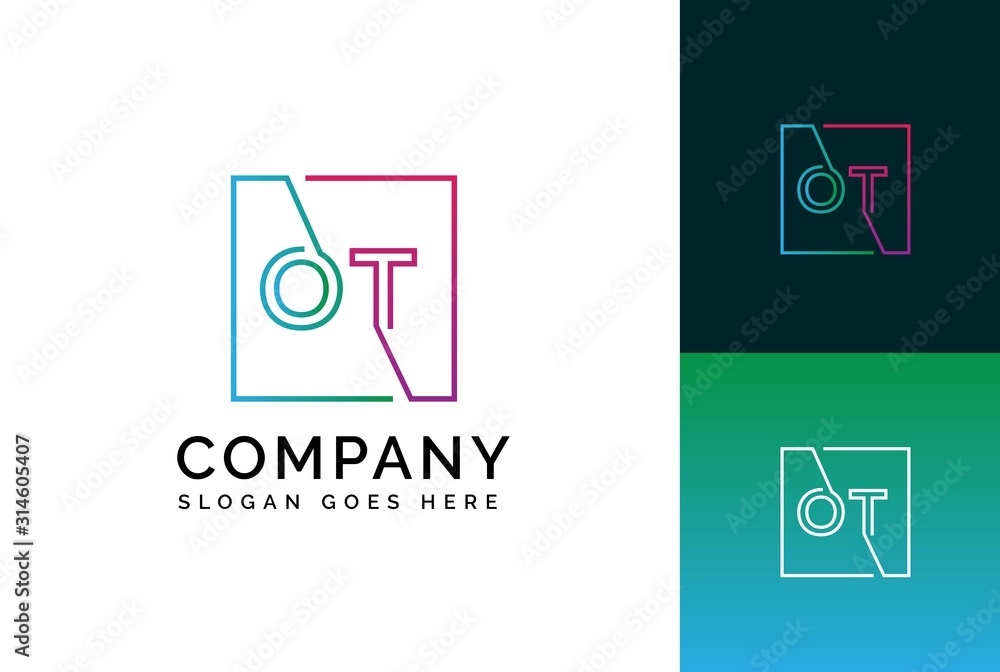 Sticker blue green pink gradient square initial letter ot line logo design vector graphic