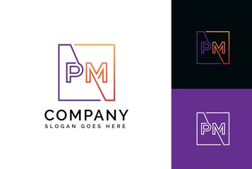 Purple orange gradient square initial letter PM line logo design vector graphic