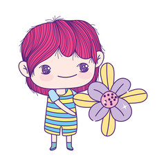cute little boy cartoon holding beautiful flower