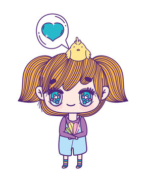 cute little girl cartoon with chicken on head holding flower