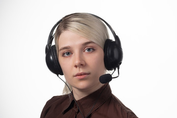 Portrait of an employee call center on white background. Support operator.