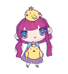 kids, little girl anime cartoon with chickens